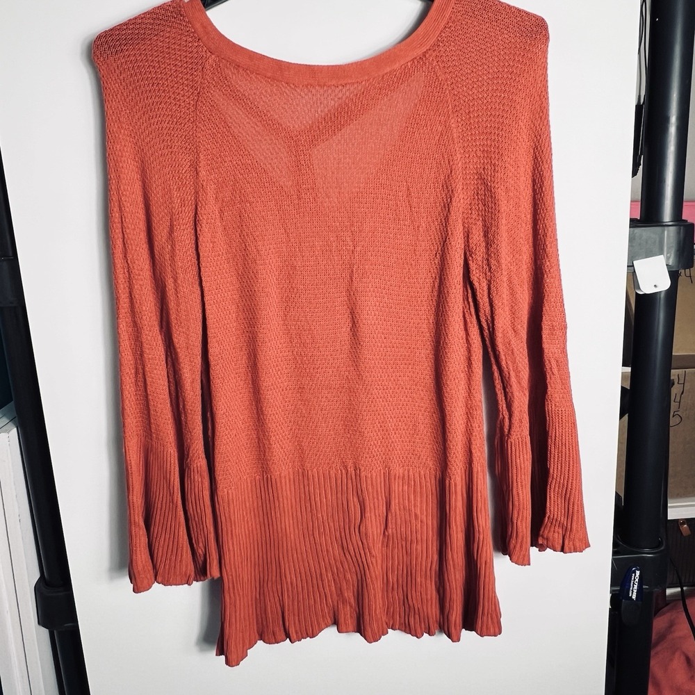 Burnt Orange Knit Tunic Sweater Women's Large Tie Front Ribbed Hem Boho - Picture 2 of 4